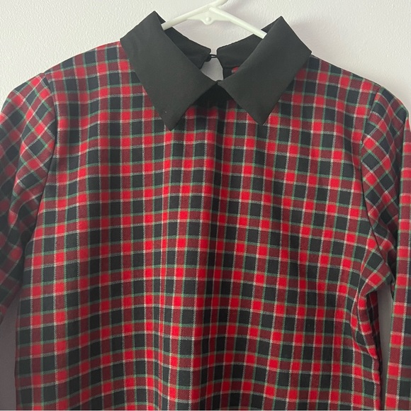 🍉 Women's Peter Pan Contrast Collar Checkered Plaid Shirt Blouse Small - Picture 2 of 11